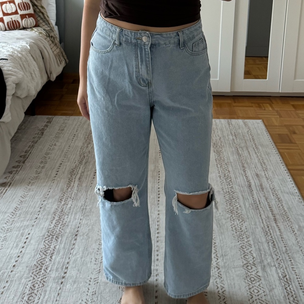 Distressed Light Blue Wide Leg Jeans